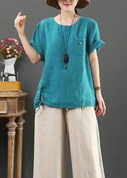 Italian blue linen clothes For Women o neck pockets Plus Size Clothing summer tops - bagstylebliss