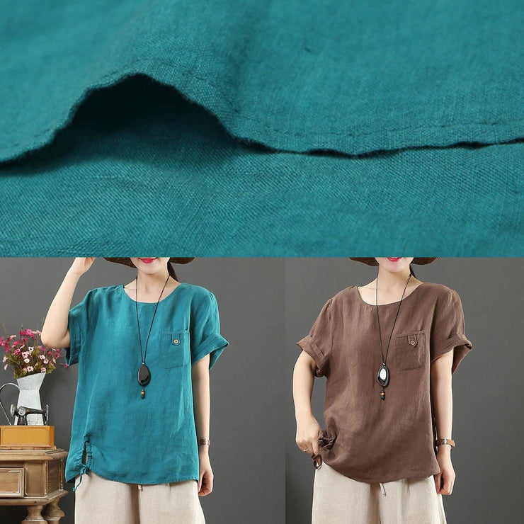 Italian blue linen clothes For Women o neck pockets Plus Size Clothing summer tops - bagstylebliss