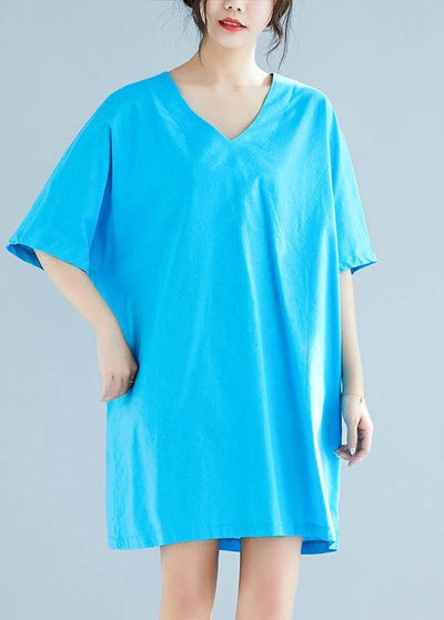 Italian blue linen cotton clothes Women v neck half sleeve loose summer Dresses - bagstylebliss