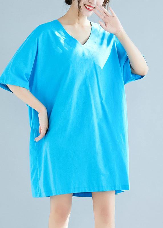 Italian blue linen cotton clothes Women v neck half sleeve loose summer Dresses - bagstylebliss