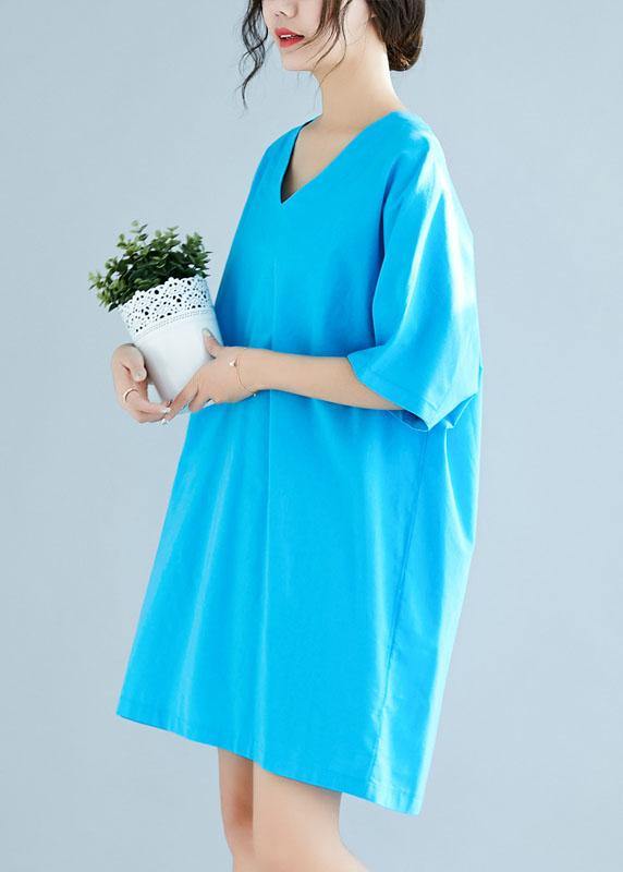 Italian blue linen cotton clothes Women v neck half sleeve loose summer Dresses - bagstylebliss