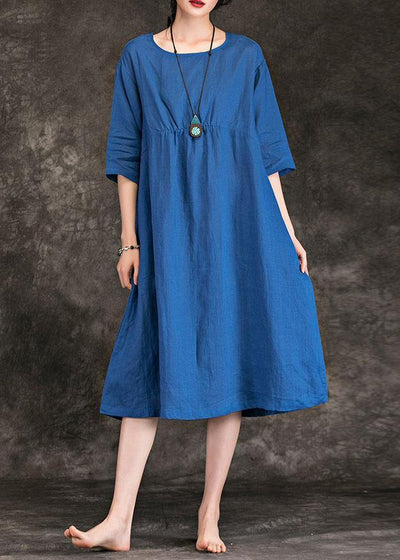 Italian blue linen dress o neck Cinched Three Quarter sleeve summer Dress - bagstylebliss