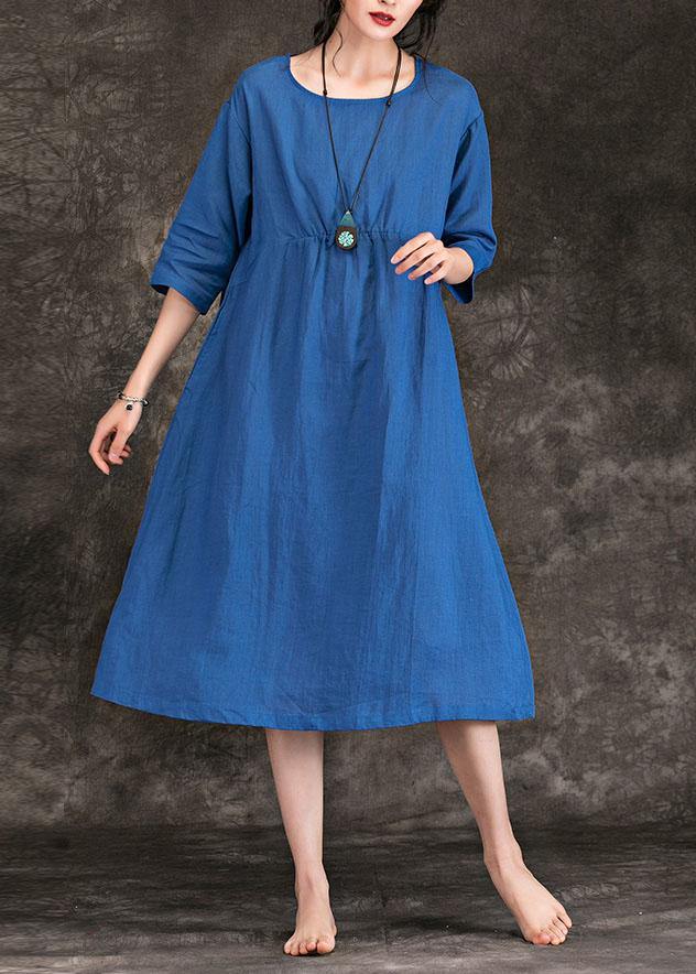 Italian blue linen dress o neck Cinched Three Quarter sleeve summer Dress - bagstylebliss