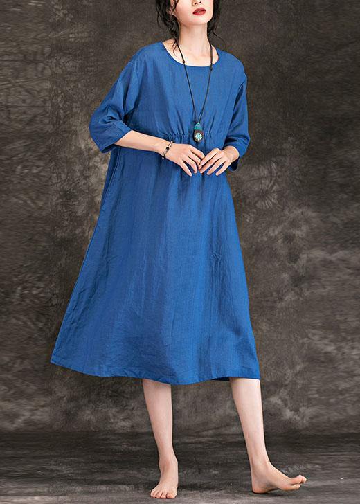 Italian blue linen dress o neck Cinched Three Quarter sleeve summer Dress - bagstylebliss