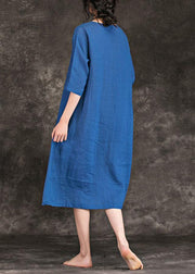 Italian blue linen dress o neck Cinched Three Quarter sleeve summer Dress - bagstylebliss