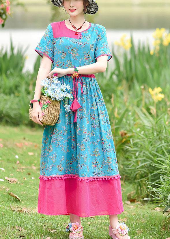 Italian blue print cotton dresses o neck drawstring Maxi summer Dresses - bagstylebliss