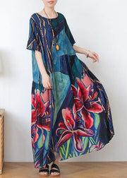 Italian blue print linen clothes o neck exra large hem Dresses summer Dress - bagstylebliss