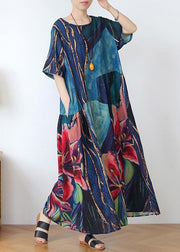 Italian blue print linen clothes o neck exra large hem Dresses summer Dress - bagstylebliss