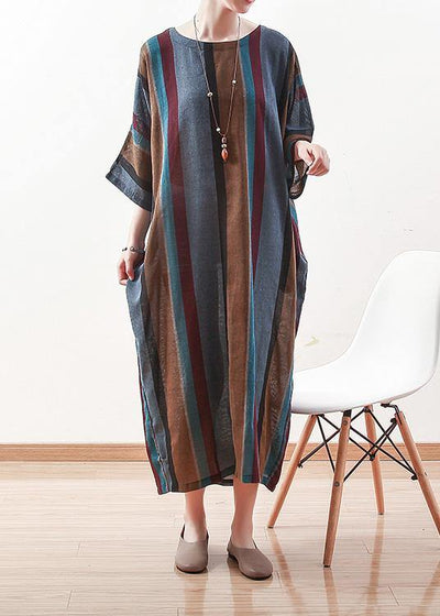 Italian blue striped linen cotton Robes o neck Batwing Sleeve Art spring Dresses - bagstylebliss