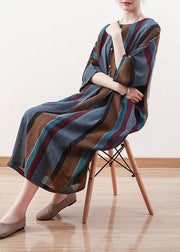 Italian blue striped linen cotton Robes o neck Batwing Sleeve Art spring Dresses - bagstylebliss