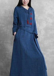 Italian blue fine box coat Fabrics o neck tie waist jackets - bagstylebliss