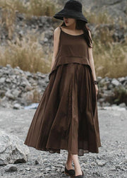 Italian brown linen clothes sleeveless long summer Dresses - bagstylebliss