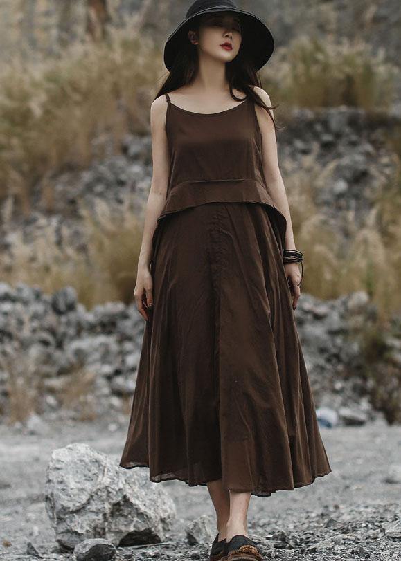 Italian brown linen clothes sleeveless long summer Dresses - bagstylebliss