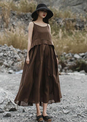 Italian brown linen clothes sleeveless long summer Dresses - bagstylebliss