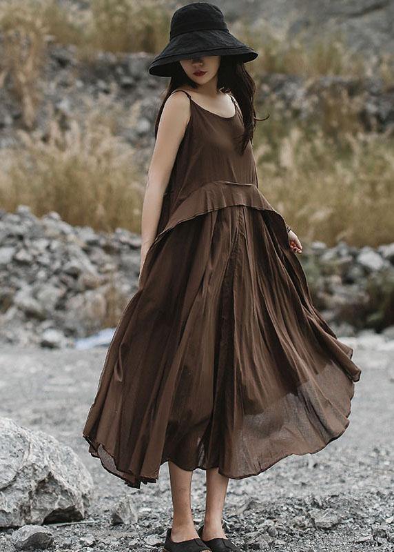 Italian brown linen clothes sleeveless long summer Dresses - bagstylebliss