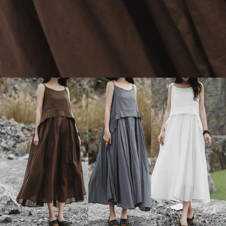 Italian brown linen clothes sleeveless long summer Dresses - bagstylebliss