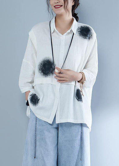 Italian cotton linen Blouse plus size Casual Polo Collar Short Sleeve Spliced Blouse - bagstylebliss