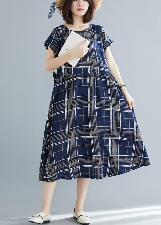 Italian drawstring cotton dresses Work Outfits blue plaid Dresses summer - bagstylebliss