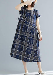 Italian drawstring cotton dresses Work Outfits blue plaid Dresses summer - bagstylebliss