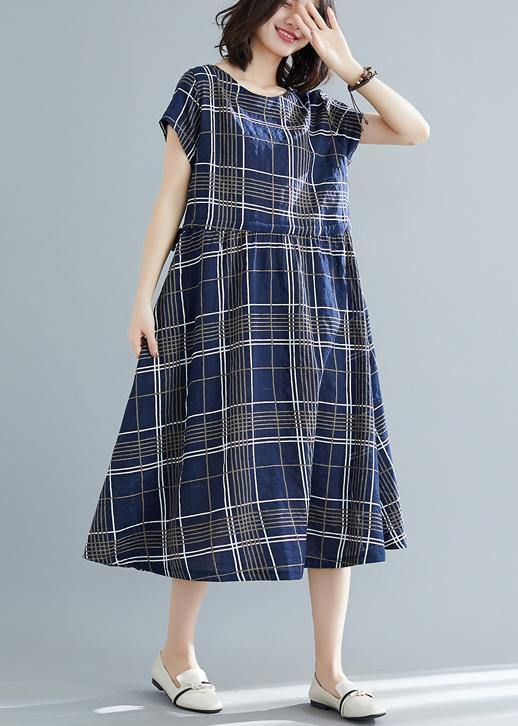 Italian drawstring cotton dresses Work Outfits blue plaid Dresses summer - bagstylebliss