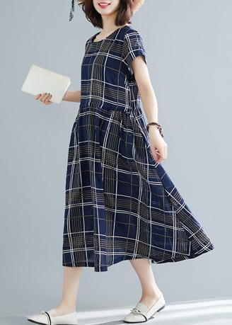 Italian drawstring cotton dresses Work Outfits blue plaid Dresses summer - bagstylebliss