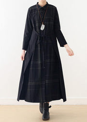 Italian drawstring cotton quilting clothes Shirts black plaid A Line Dresses false two pieces - bagstylebliss