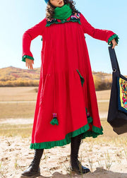 Italian embroidery cotton ruffles Tunic Runway red Robe Dresses - bagstylebliss