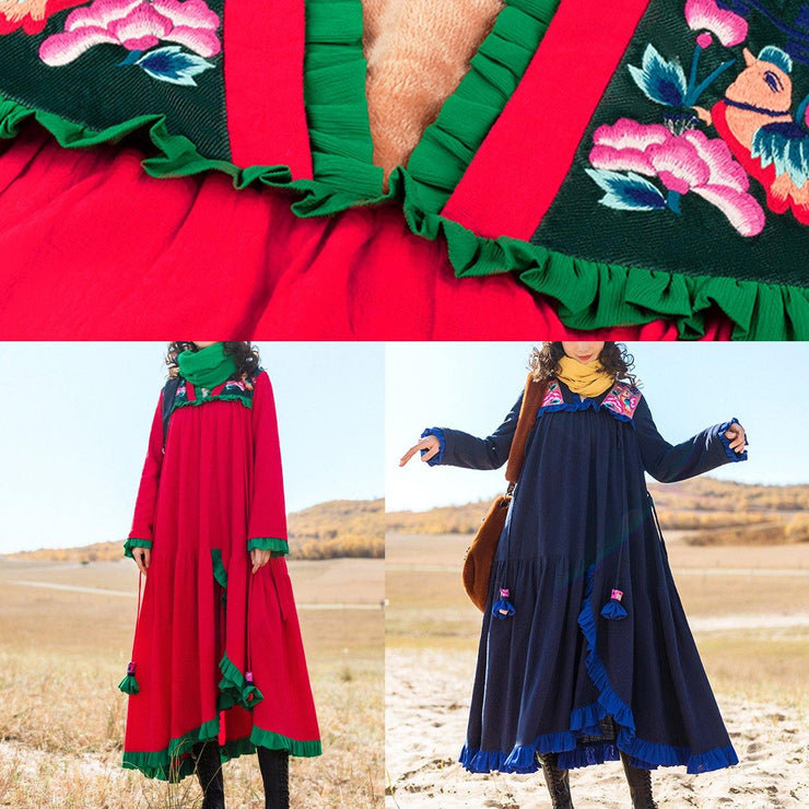 Italian embroidery cotton ruffles Tunic Runway red Robe Dresses - bagstylebliss
