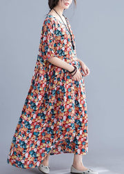 Italian floral cotton Robes o neck Cinched Maxi summer Dress - bagstylebliss