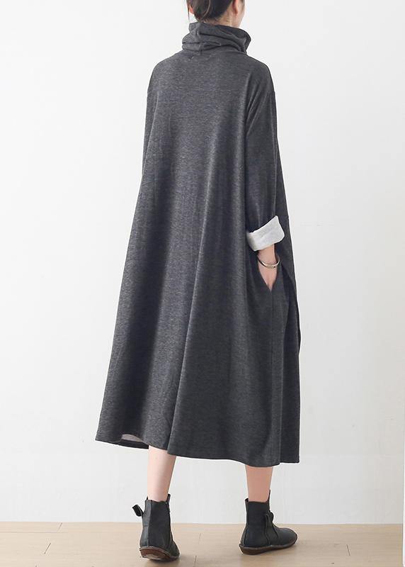 Italian gray Tunics high neck asymmetric long Dresses - bagstylebliss