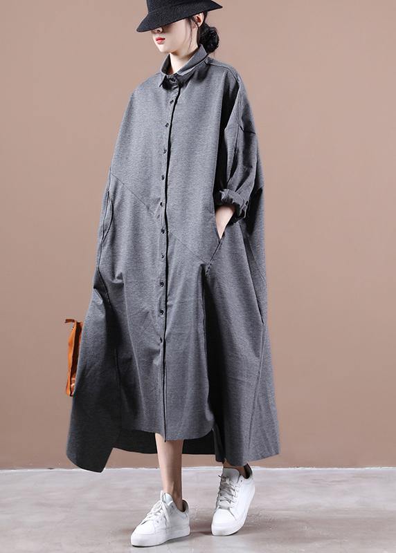 Italian gray dresses lapel asymmetric loose spring Dress - bagstylebliss
