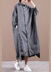 Italian gray dresses lapel asymmetric loose spring Dress - bagstylebliss
