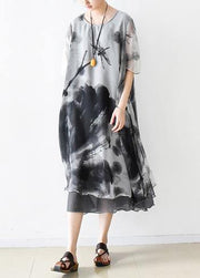 Italian gray print chiffon clothes For Women plus size Fashion Ideas o neck pockets Summer Dress - bagstylebliss