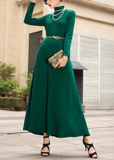 Italian green cotton dresses zippered Maxi high neck Dress - bagstylebliss