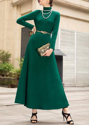 Italian green cotton dresses zippered Maxi high neck Dress - bagstylebliss