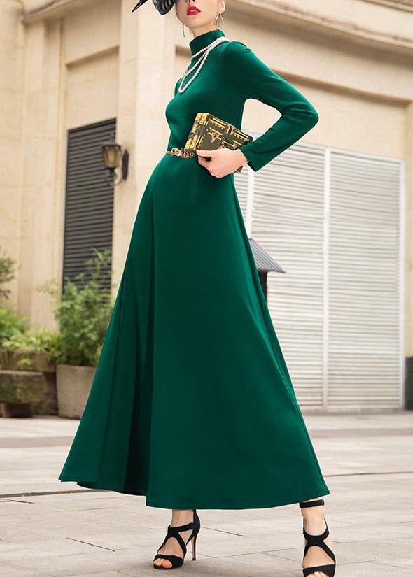 Italian green cotton dresses zippered Maxi high neck Dress - bagstylebliss