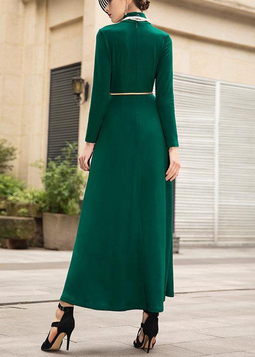 Italian green cotton dresses zippered Maxi high neck Dress - bagstylebliss