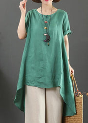 Italian green linen top o neck asymmetric baggy summer shirts - bagstylebliss