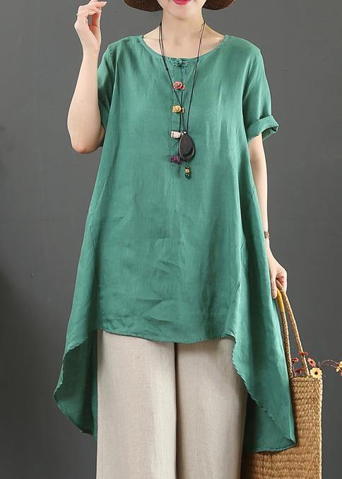 Italian green linen top o neck asymmetric baggy summer shirts - bagstylebliss