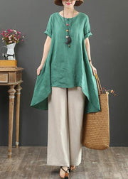 Italian green linen top o neck asymmetric baggy summer shirts - bagstylebliss