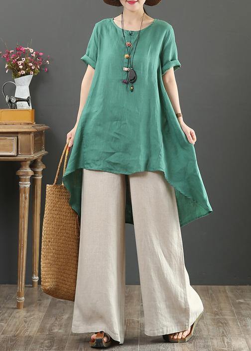 Italian green linen top o neck asymmetric baggy summer shirts - bagstylebliss