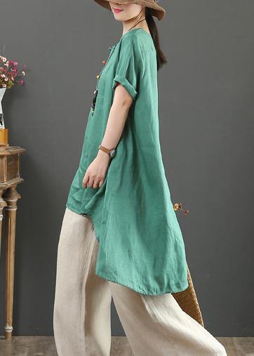 Italian green linen top o neck asymmetric baggy summer shirts - bagstylebliss