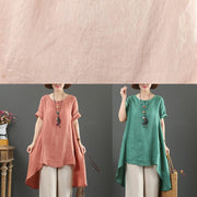 Italian green linen top o neck asymmetric baggy summer shirts - bagstylebliss