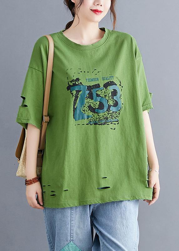 Italian green o neck cotton clothes For Women Hole Art summer top - bagstylebliss