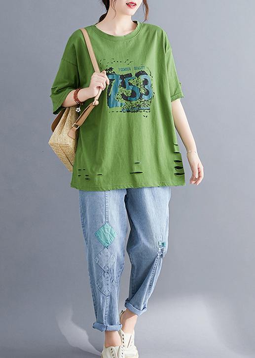 Italian green o neck cotton clothes For Women Hole Art summer top - bagstylebliss