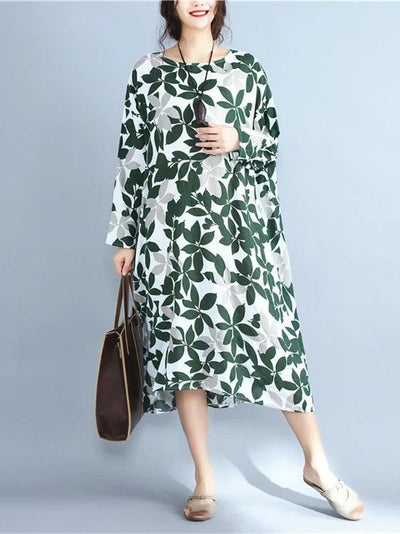 Italian green print cotton clothes For Women o neck long sleeve Maxi Dress - bagstylebliss