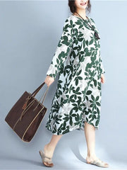 Italian green print cotton clothes For Women o neck long sleeve Maxi Dress - bagstylebliss