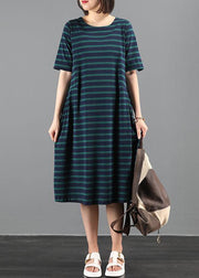 Italian green striped outfit o neck Cinched A Line summer Dresses - bagstylebliss