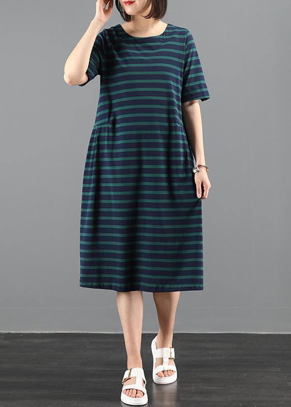 Italian green striped outfit o neck Cinched A Line summer Dresses - bagstylebliss