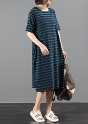 Italian green striped outfit o neck Cinched A Line summer Dresses - bagstylebliss